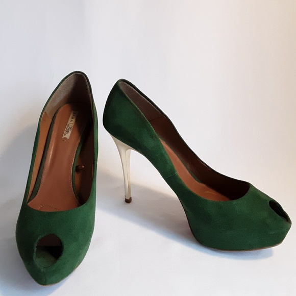 ZARA Emerald w/ Gold Peep Toe Heels - Picture 2 of 9
